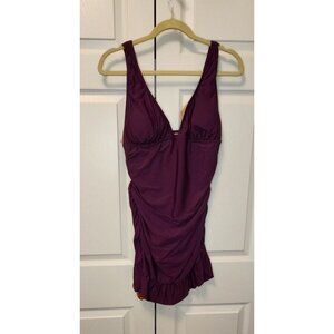 Women J. Crew Burgundy Ruched V Neck Swim Dress Bathing Suit Size 12 BP246